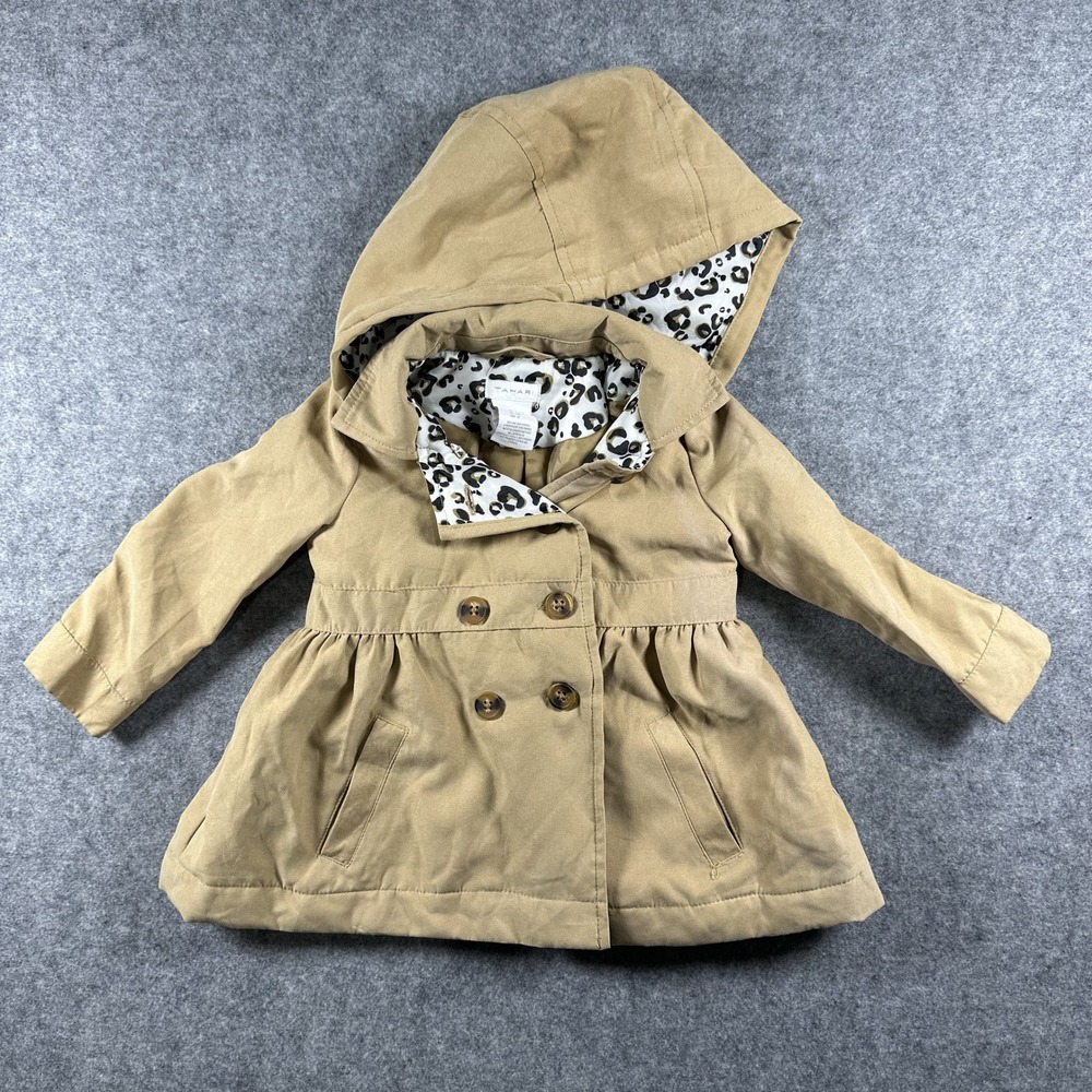Tahari Hooded Peplum Jacket 12M Tan Leopard Print Lining Double Breasted